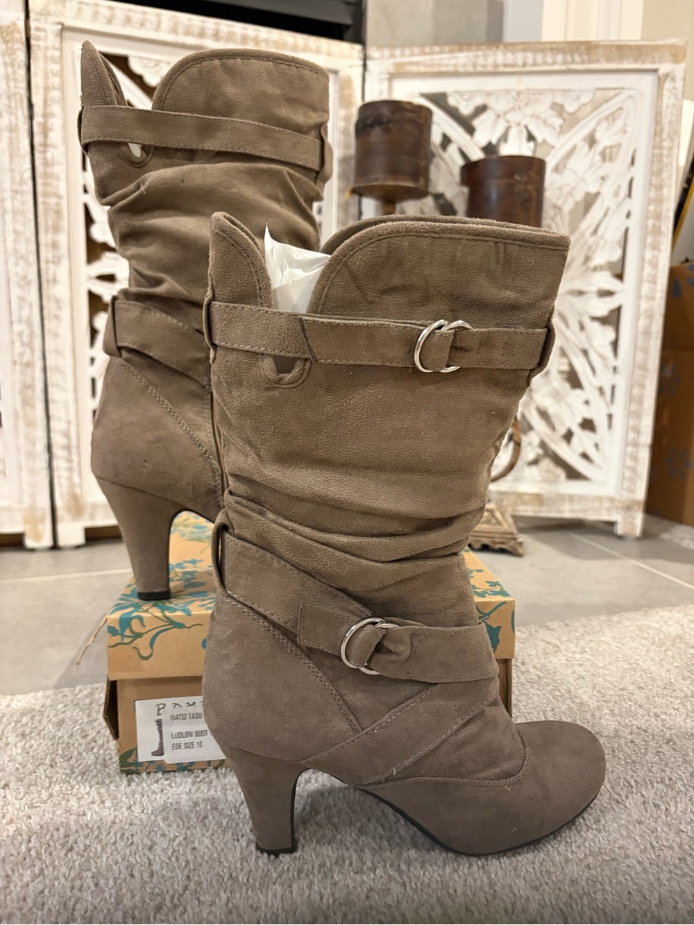 BAMBOO Taupe Suede Mid-Calf Heeled Boots